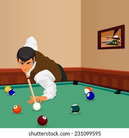 American billiards pool. Young man plays game of billiards in hall. Guy is aiming and going to make shot with a cue. Game in progress, bordo ball about to be potted. Color vector graphic. 