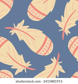 American birds feathers blue background seamless pattern flat design