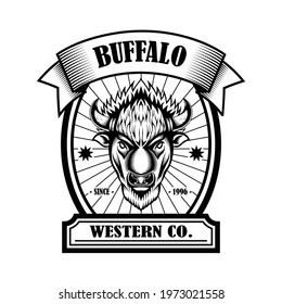 American bison buffalo logo in classic elegance engraving style. Vector emblem for your corporate identity, vintage illustration, sport poster, logo, brand and etc.