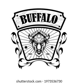 American bison buffalo logo in classic elegance engraving style. Vector emblem for your corporate identity, vintage illustration, sport poster, logo, brand and etc.