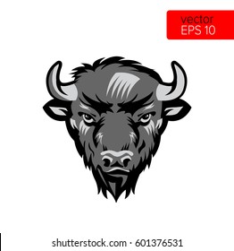 American Bison Bull Mascot Head Vector Illustration. Black And White Buffalo Head Animal Symbol Isolated On White Background.