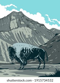 American Bison with Eagle Peak Mountain in Yellowstone National Park Wyoming United States of America WPA Poster Art