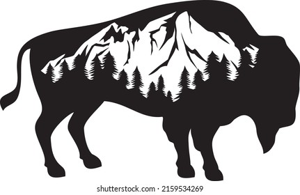 American bison and mountain (hunting design). Buffalo icon. Vector illustration.