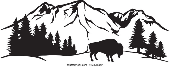 American bison and mountain landscape