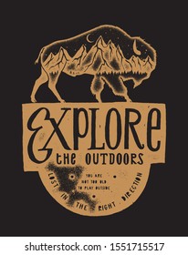 American bison with mountains in it - travel typography print - explore the outdoors