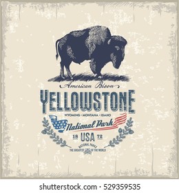 American bison, national Park Yellowstone, vintage, illustration, vector