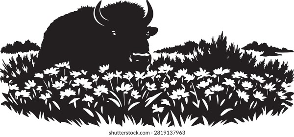 American bison standing in a meadow of blooming flowers, vintage woodcut engraving style black and white vector illustration of a wild buffalo in a floral prairie field.