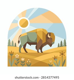 American bison standing in a meadow under a bright sun with wildlife, grassland