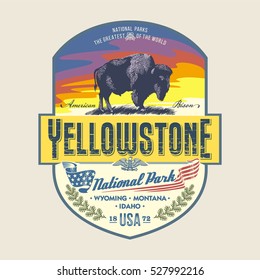 American bison at sunrise, national Park Yellowstone, illustration, vector