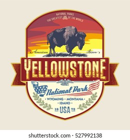 American bison at sunset, national Park Yellowstone, illustration, vector