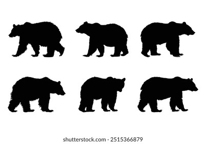 American Black Bear Silhouette Vector Set, Black Bear Walking Black Clipart Bundle