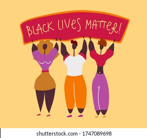 American black girls   man protesters characters  Justice for black people  Against Racial Discrimination in the police  Black lives matter banner  Vector doodle cartoon colorful illustration   