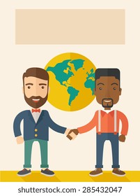 An american and black guy happily handshaking with their International or global world corporation business. Partnership concept. A Contemporary style with pastel palette, soft beige tinted background