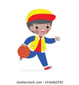 american black kid playing basketball on isolated on white background, children and sport Vector Illustration