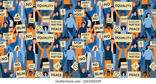 American black lives matter demonstration poster. Community for equal or justice, civil social protest. Protester cartoon people holding placard, protest vector seamless garish pattern