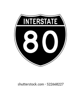 American black motorway road sign on white background, 80. freeway
