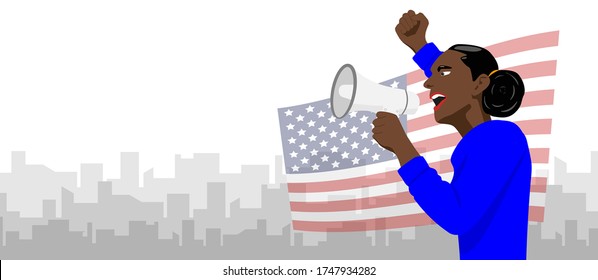 American black woman communicates shouting loud holding a megaphone. Protester concept.