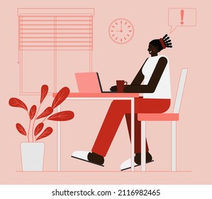 American black woman works at a computer. Modern office background. Equipped workplace, freelancer. Vector illustration.