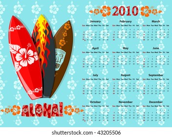 American blue Aloha vector calendar 2010 with surf boards, starting from Sundays
