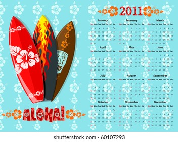 American blue Aloha vector calendar 2011 with surf boards, starting from Sundays