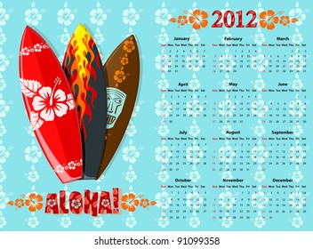 American blue Aloha vector calendar 2012 with surf boards, starting from Sundays