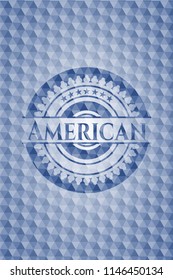 American blue emblem with geometric background.