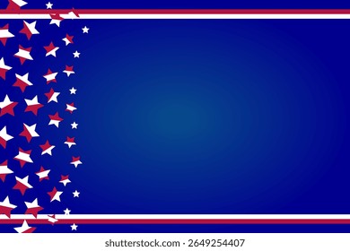 American blue, white, red background with star icon. Free copyspace area design for greeting cards, posters, social media.