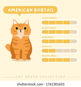 American Bobtail cat breed profile : Adorable cat breeds in flat style : Vector Illustration