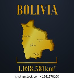 American Bolivia golden 3d solid country outline silhouette, realistic piece of world map template, for infographic, vector illustration, isolated object, background. From countries set