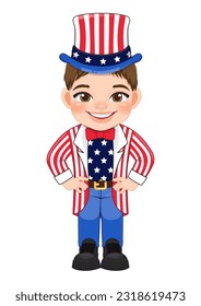 American Boy Portrait Celebrating 4th Of July Independence Day with Costume, Wearing Uncle Sam Hat, Flat icon Style Vector