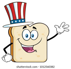 American Bread Slice Cartoon Mascot Character Waving For Greeting. Vector Illustration Isolated On White Background