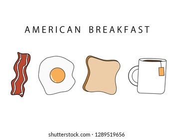 American Breakfast , Bacon Fried Egg Sliced ​​bread and Tea on white background. 