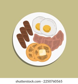american breakfast bread, sausage, bacon, egg and bread in plate for poster