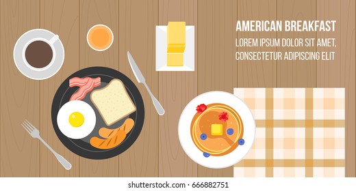 american breakfast, coffee, orange juice, pancake, bread, sausage, bacon, egg and bread in aerial view on wooden board background, flat design vector suitable for banner or cover of website