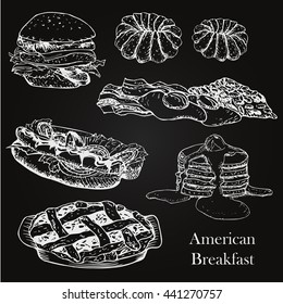 American Breakfast doodle set. Freehand drawing with imitation of chalk sketch. It can be used for design menu, poster, packaging or label