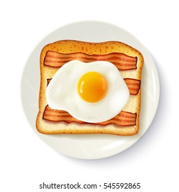 American breakfast food top view realistic image of toasted bread  fried egg and bacon on plate vector illustration 