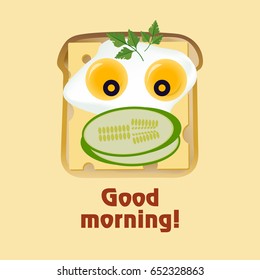 An American Breakfast. Funny face from toast, cheese, fried eggs, cucumber and olives. Wish good morning