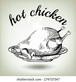 American breakfast. Poster with a chicken in the form of letters. Different food drawings. Hand drawn sketch vintage meat on plate. Business lunch lettering trendy
