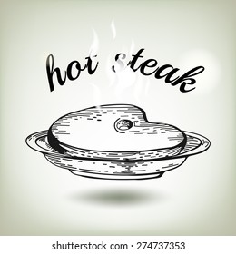 American breakfast. Poster Steak House with a steak in the form of letters
Different food drawings. Hand drawn sketch vintage steak on plate. Business lunch
