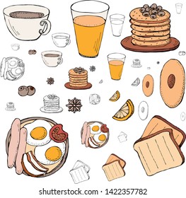  American breakfast set with bacon and pancakes