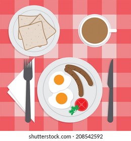 American breakfast set on the table, Fried egg, Sausages, Bread, Coffee, VECTOR, EPS10
