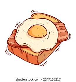 American breakfast of toasted bread, fried egg and bacon with colored hand draw style. Morning cute breakfast vector illustration