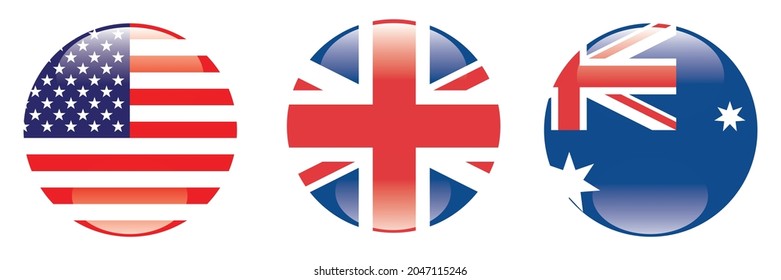 American, British and Australian flags, standard colors, Circular flag icon, computer illustrations. Vector illustration. Digital illustration.
