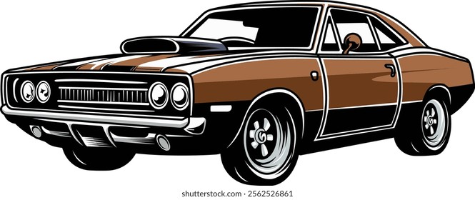 American Brown Muscle Car Cartoon Illustration