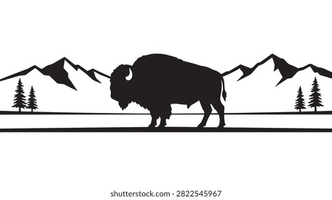 American Buffalo Bison Silhouette standing against Mountain Range and Evergreen Trees Design