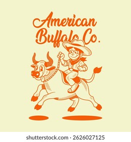 American buffalo cute retro cartoon vector hand drawn