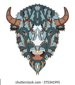 American buffalo head zentangle stylized, vector, illustration, freehand pencil, hand drawn, pattern. Zen art. Ornate vector. Lace. Color.