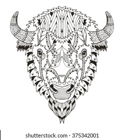 American buffalo head zentangle stylized, vector, illustration, freehand pencil, hand drawn, pattern. Zen art. Ornate vector. Lace. Coloring.