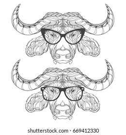 American buffalo head zentangle stylized, vector, illustration, freehand pencil, hand drawn, pattern, fashion eyeglasses, hipster, ornate vector. Vector illustration isolated on white background.