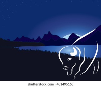 American Buffalo outline line art vector illustration with landscape in the back of grand tetons  or yellowstone with lake reflecting the moon light. 